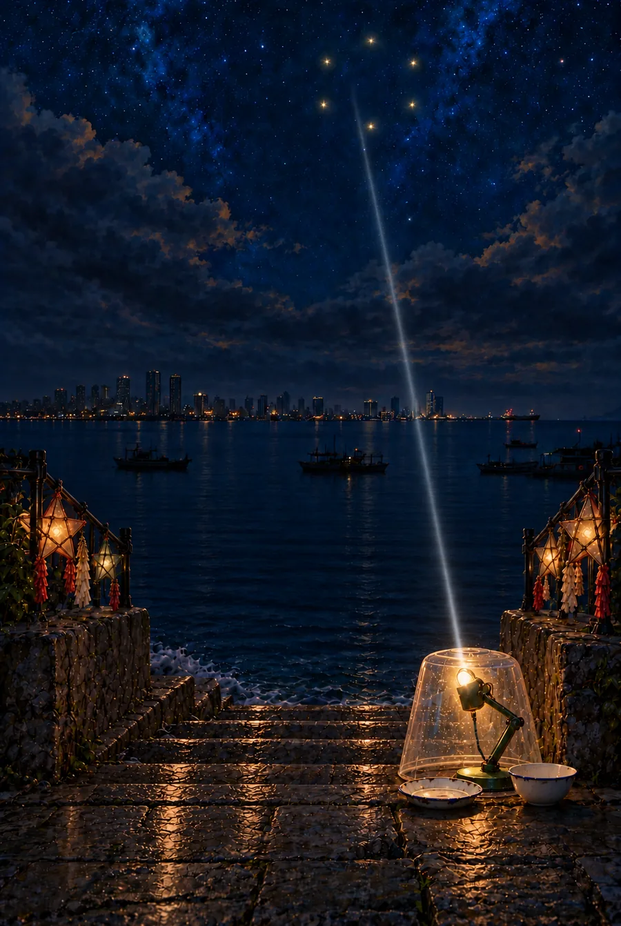 Painting: star lanterns lit along a seawall at night, and a desk lamp under a clear plastic tub on the top step, its beam rising to six faint lights in the sky