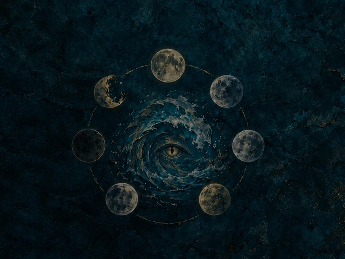 Painting: seven moons in a ring around a wave-and-eye emblem on dark teal parchment