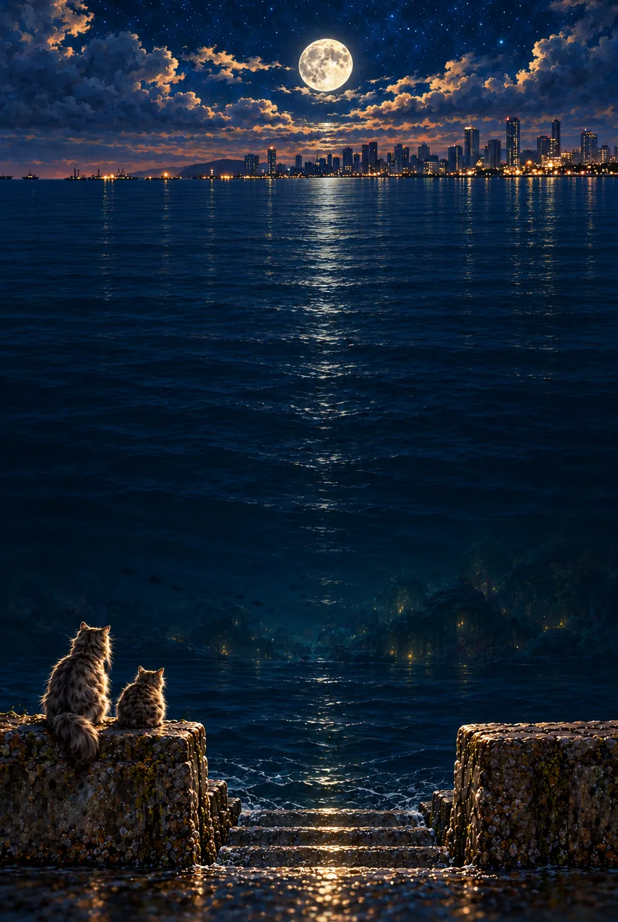 Painting: old stone steps going down through a gap in a seawall into a moonlit bay, two grey cats on the wall, and a faint glowing city far beneath the water