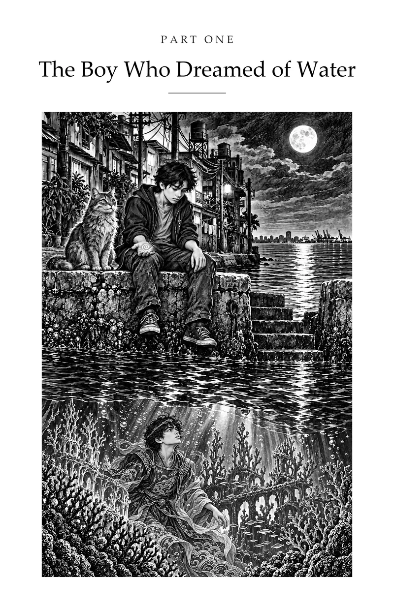 Engraved plate: a boy sitting on a seawall beside the steps down into the bay, a grey cat at his side, and below the water a drowned city where a boy with his face looks up at him