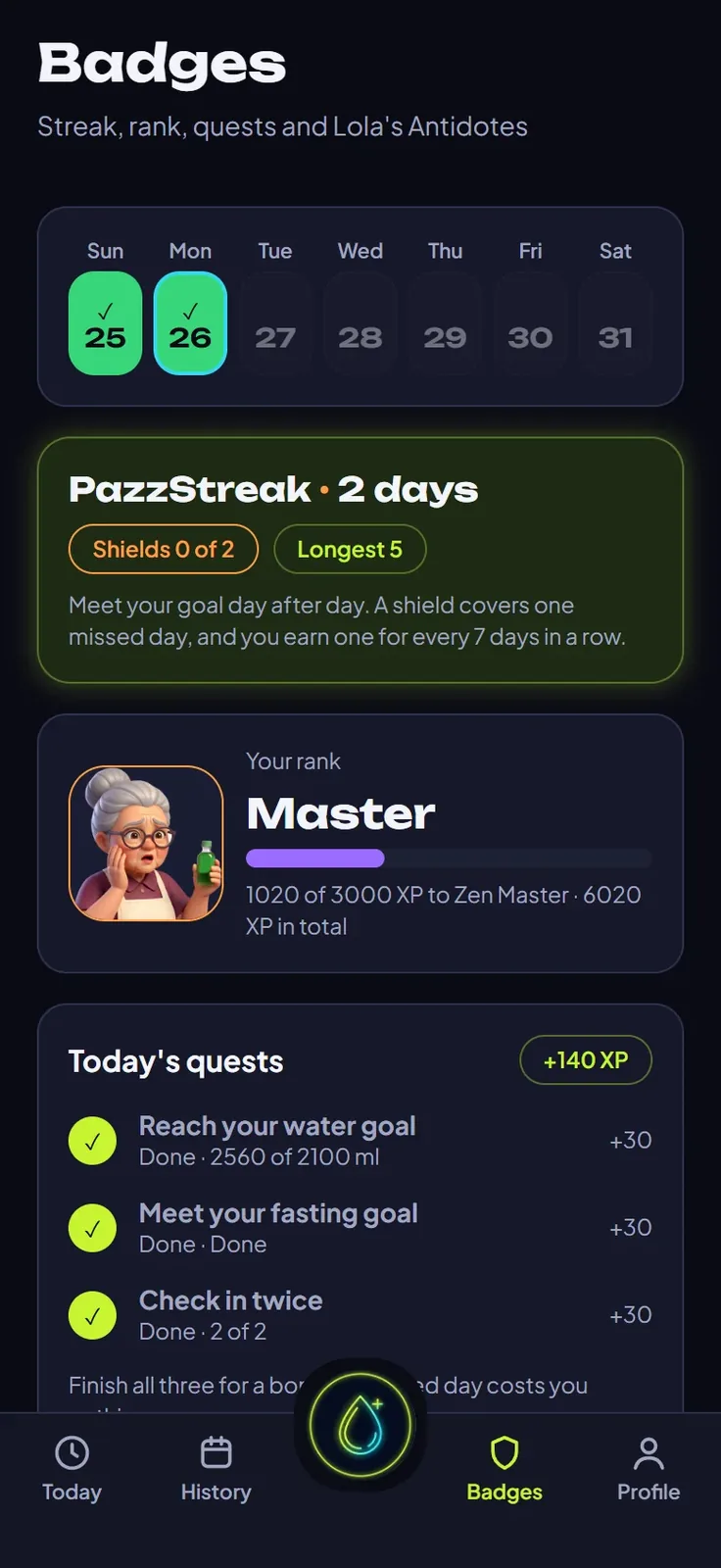 PazzMo! badges: a two-day streak with shields, the Master rank and today's quests